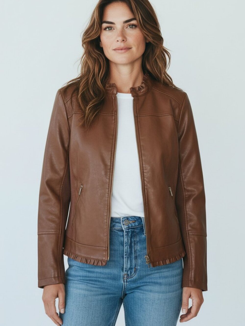 Chico's Size 1 (Reg. Med.) Tan Faux Leather Jacket Full Zip Lined Side Pockets